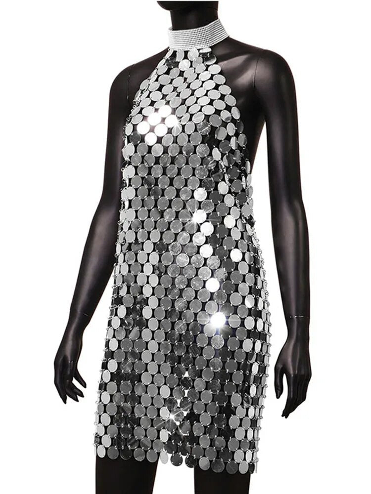 Vestidos sexis con espalda descubierta y lentejuelas brillantes para mujer, minivestido transparente con lentejuelas de plástico y2k, sin mangas, con diamantes de imitación y cuello redondo, 2023