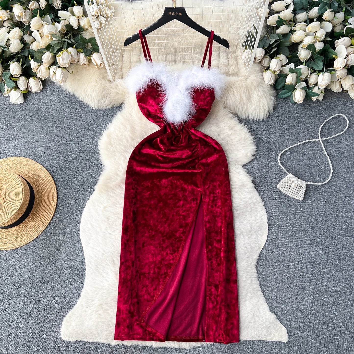 2023 Christmas Party Long Dress Strap Velvet Fluffy Off Shoulder Night Club Outfit Fashion Women Sexy Split Bodydress Wanita