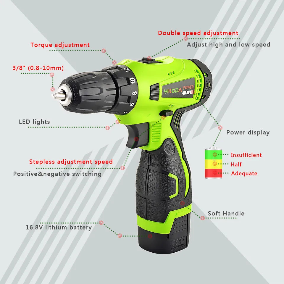 YIKODA 12V 16.8V 21V Cordless Drill Electric Screwdriver Rechargeable Lithium-Ion Battery Two-Speed DIY Driver Power Tools