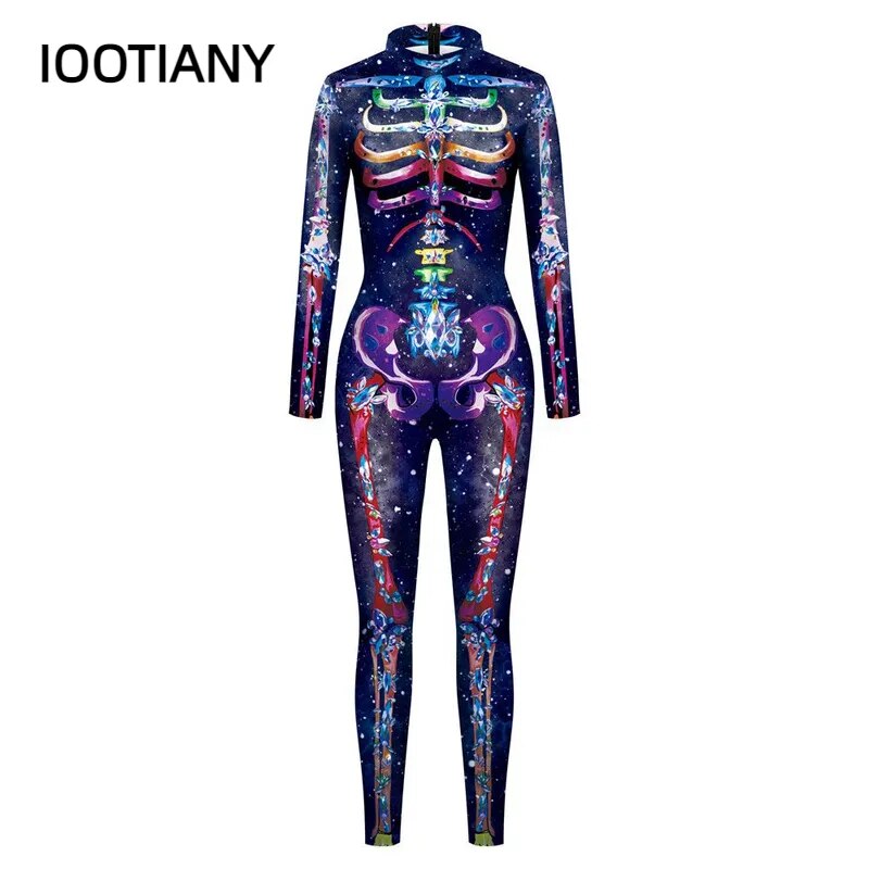 IOOTIANY 7 Colors 3D Skull Skeleton Printed Bodysuit Halloween Costume For Women Outfit Fancy Dress Clothing Adult Suit S-XL