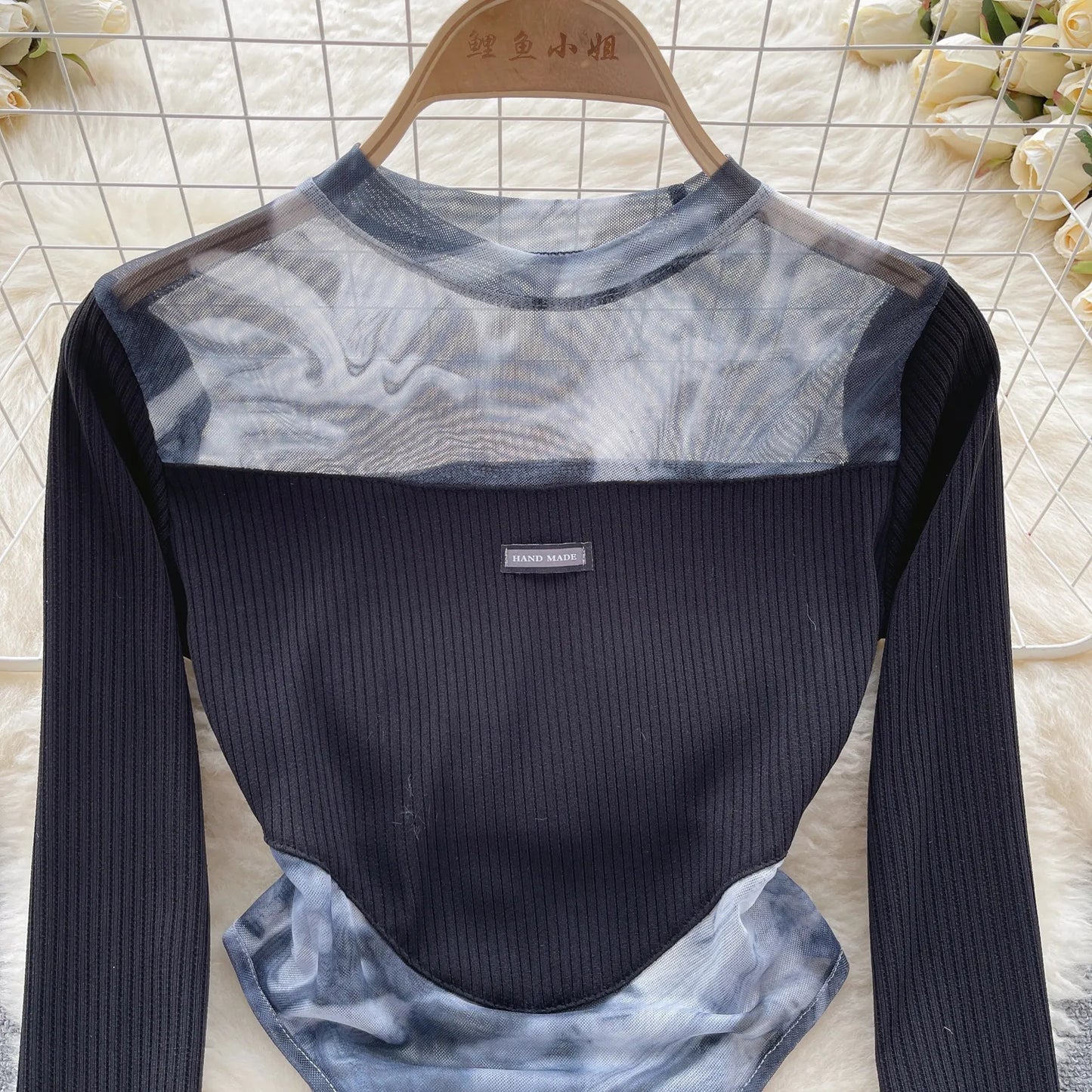 Wanita Fashion Sheer Print Bodysuits Ladies O Neck Long Sleeves Patchwork Slim Blouse 2023 Korean Tie Dye Y2K Sexy Playsuits