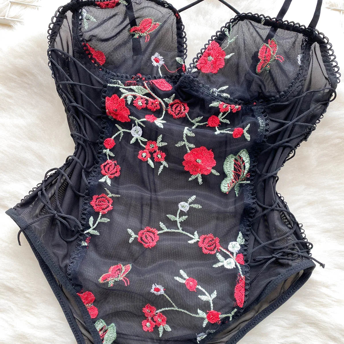 Strap Floral Embroidery Mesh Bodysuits Women Sleeveless Slim Lace Up Backless Jumpsuits Korean Sheer Sexy Playsuits Wanita