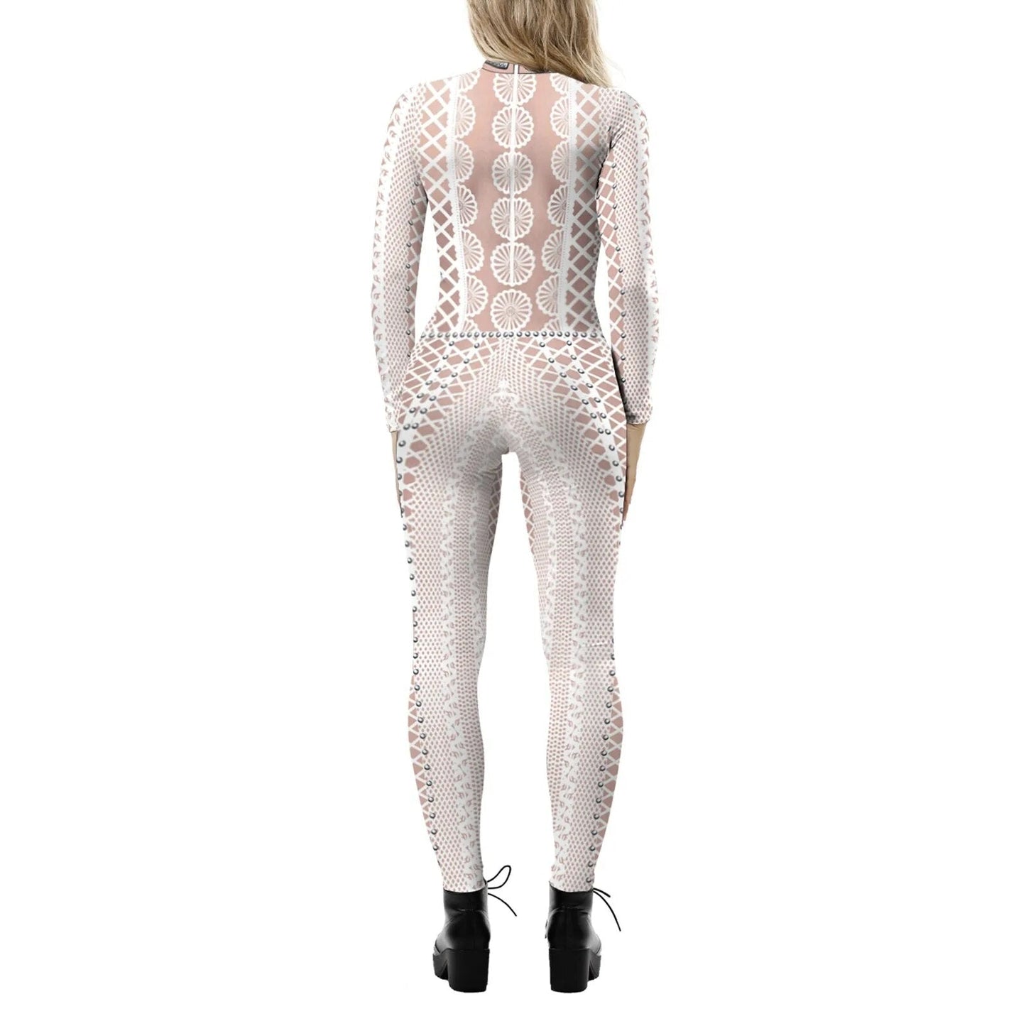 Women's Turtleneck Simulation 3D Printing Pearl and LaceZip Bodysuit Full Body Bodysuit Halloween Costume Mint Jumpsuit Women