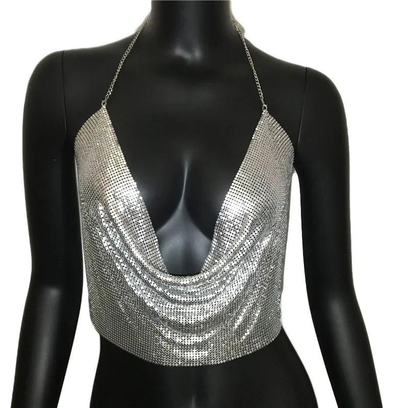 Y2K Tops Backless Party Crop Top Women Backless Corset Top 2023 Summer Sleeveless V-Neck Diamond Metal Sexy Night Club Tank Tops