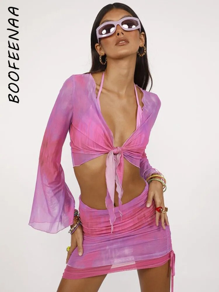 BOOFEENAA-Conjunto de dos piezas Sexy, Top corto de malla con tinte azul, cárdigan, minifaldas, ropa de playa, trajes de vacaciones, C85-CZ16 de verano 2023