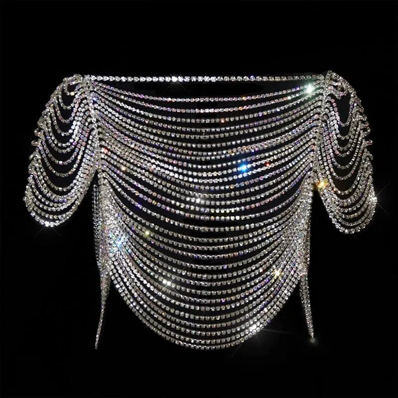 Women Luxury Crop Tank Top Glitter Rhinestone Crystal Metal Chain Tassel Sexy See Through Backless Short Sleeve Festival  Tops