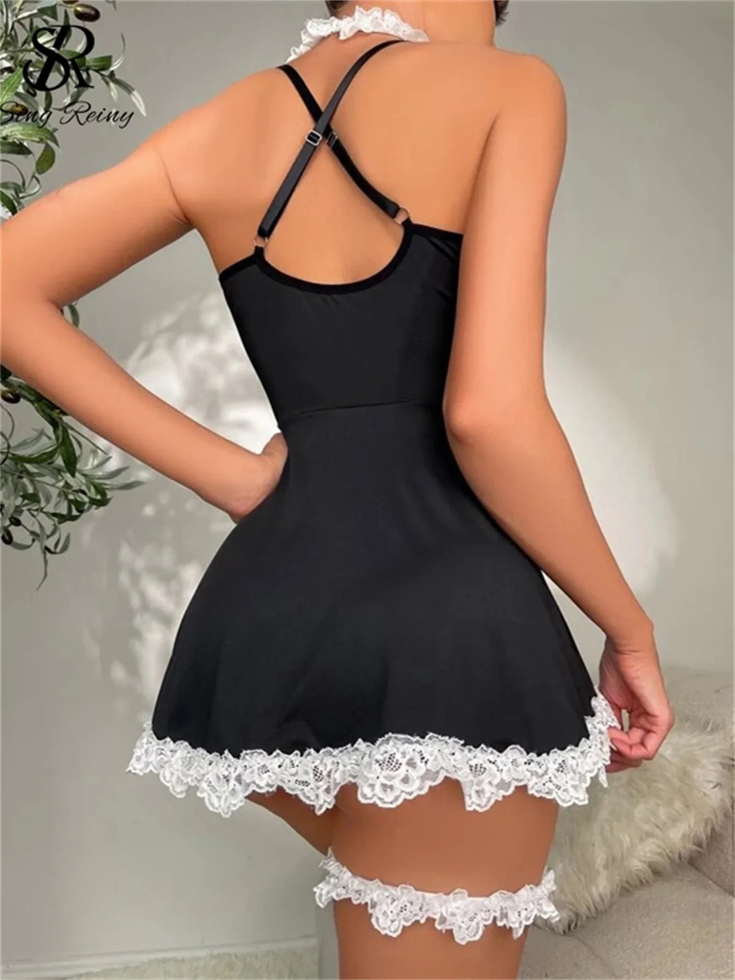 Wanita – vêtements de nuit pour femmes, Mini robe à volants doux + tongs, servante Cosplay, dentelle, Sexy, 2023