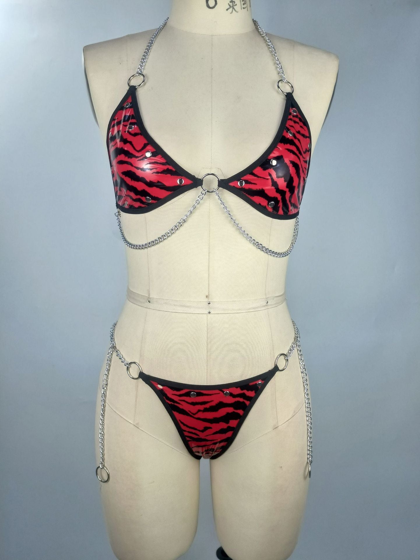 Zebra Leather Lingerie Halter Bra With Chain  Latex Intimate Outfit Sensual Underwear Red Sets