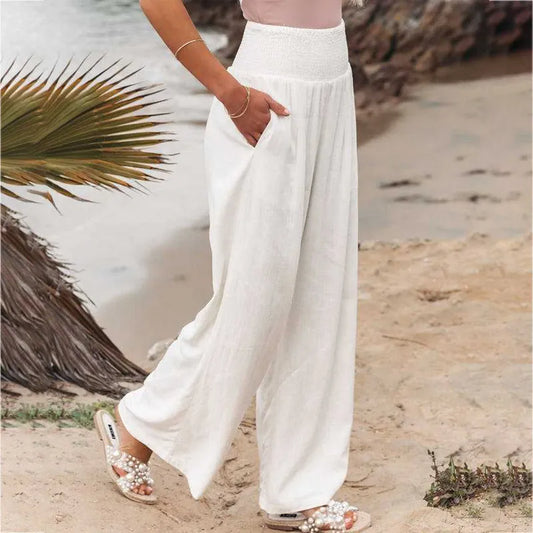 Pantalones holgados de lino y algodón para mujer, pantalón de pierna ancha, informal, con cintura elástica, de gran tamaño, para oficina, primavera y verano, 2023