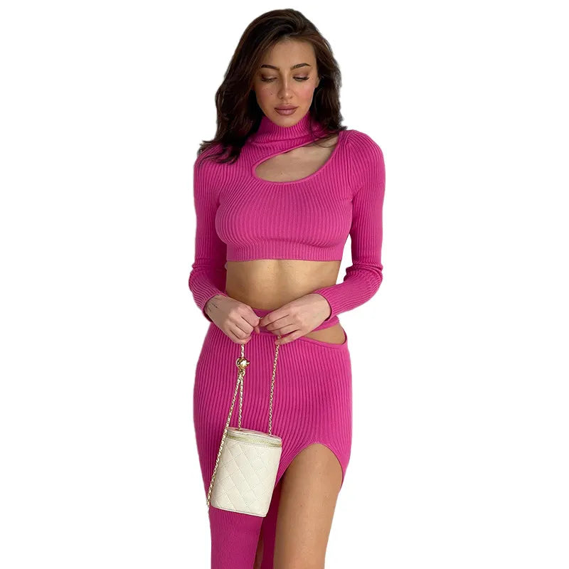 Chaleco de un hombro con hilo liso para mujer, traje de falda con abertura lateral, Top corto Sexy calado y falda larga, conjunto de 2 piezas 2023