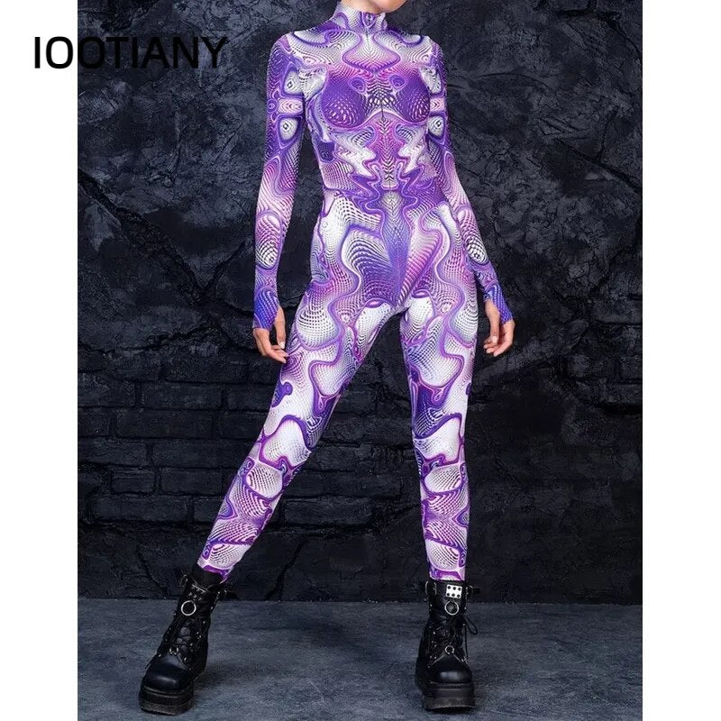 Costume de Cosplay pour adultes, lignes musculaires, motif de couleur, Costume Zentai en Spandex, body de fête d'halloween, combinaison de sport taille haute