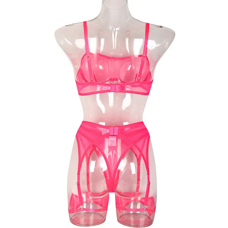 Ropa interior Sexy de 3 piezas para mujer, lencería transparente, conjunto de sujetador y bragas, ropa íntima de encaje, traje fino sin costuras