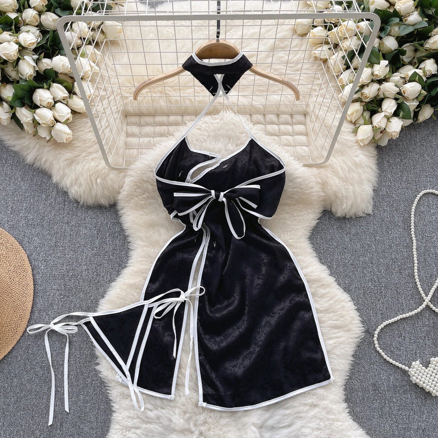 Chinese Style Vintage Split Nightdress Women Halter Sleeveless Backless Sensual Nightwear Lace Up Cosplay Sexy Dress Wanita