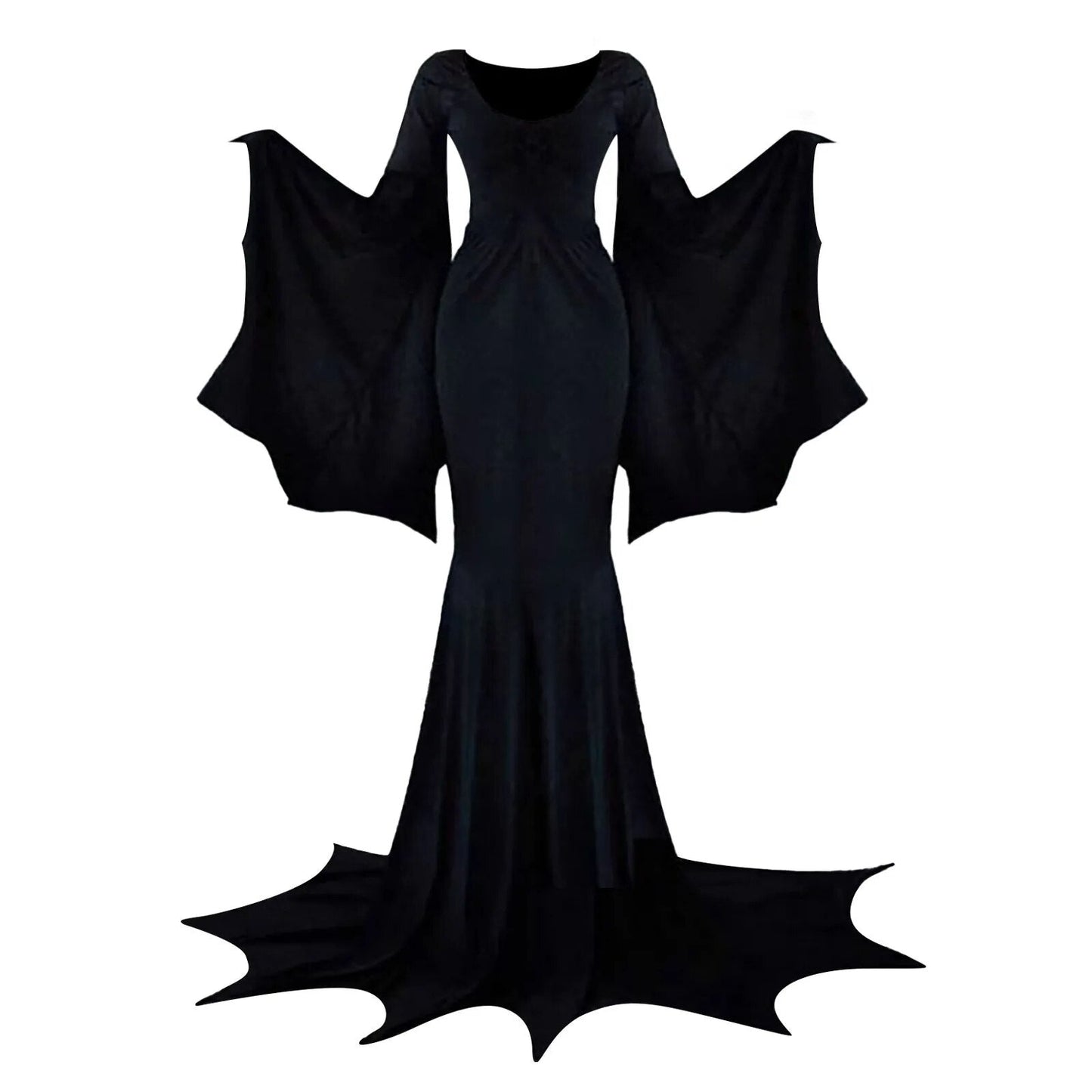 Witchy Costume Morticia Addams Wednesday Train Floor Dress Women Halloween Witch Dark Outfit Gothic Gown Robe Horror For Adult