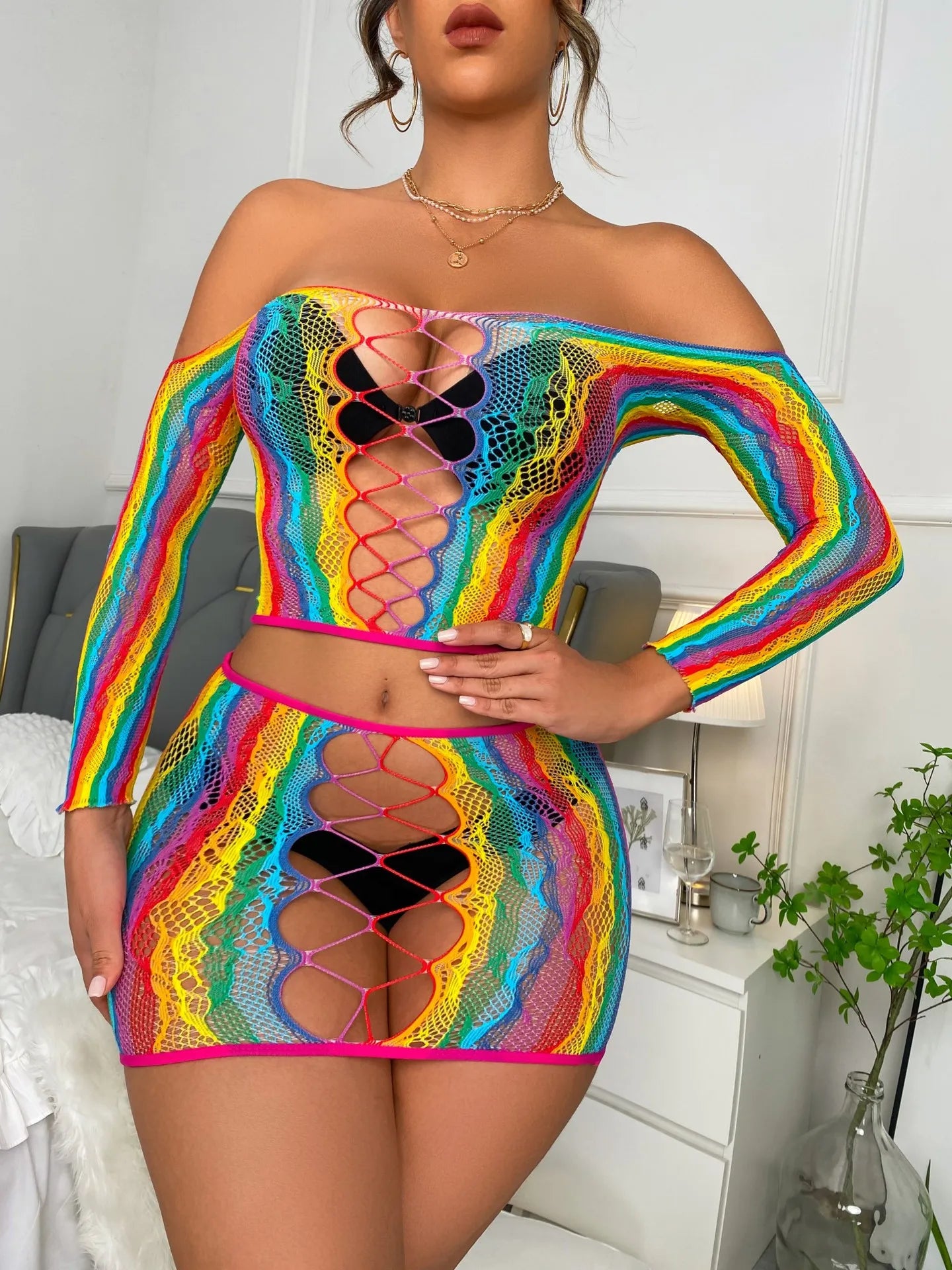 Wanita Rainbow Color  Two Piece Suits 2023 Women Sheath Cropped Top+Mini Skirt Sensual Mesh Hollow Out o Nightsuits