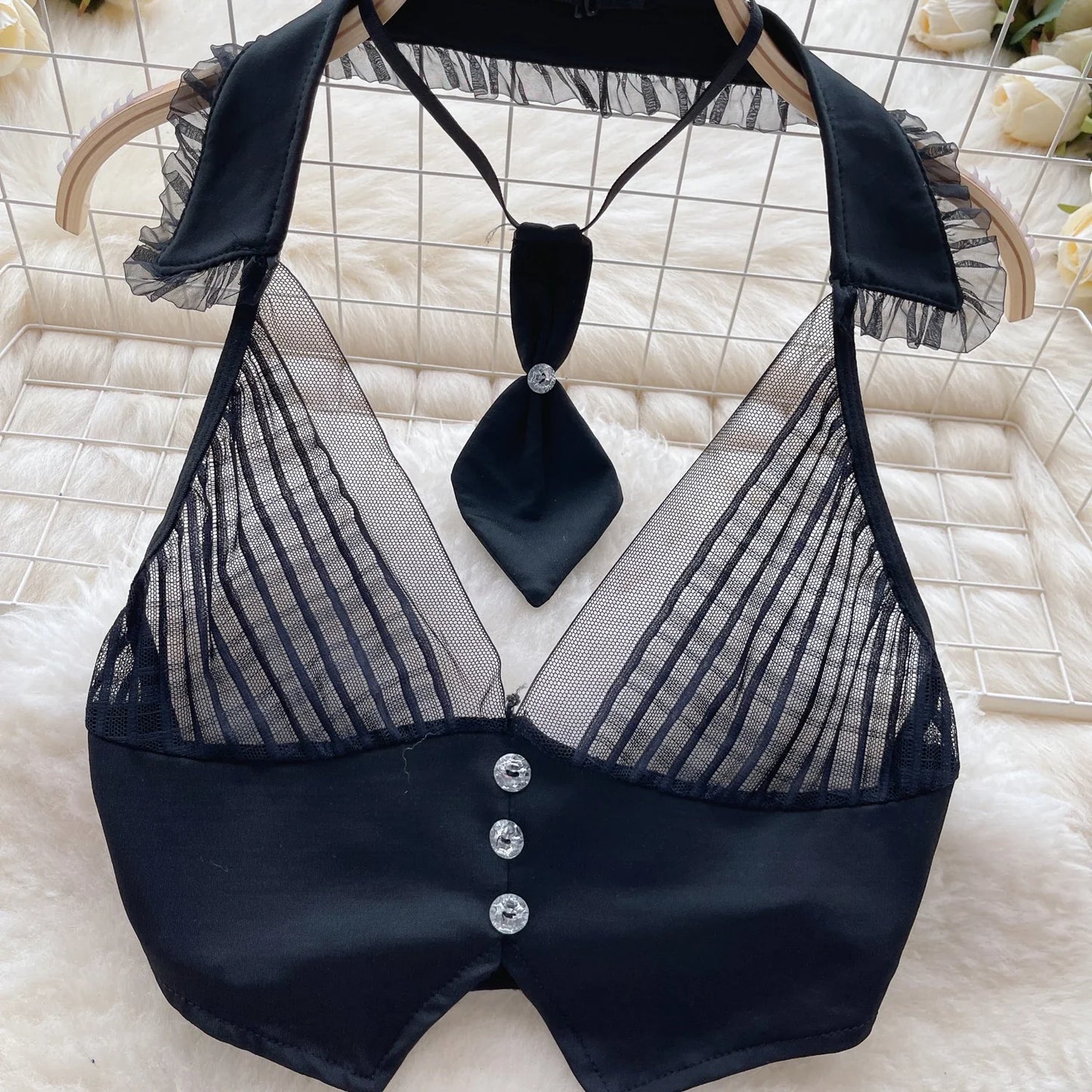 Ensemble trois pièces Sexy pour femmes, camisole transparente, Mini jupe et tongs, col licou, costume coréen en dentelle, dos nu, Wanita, 2023