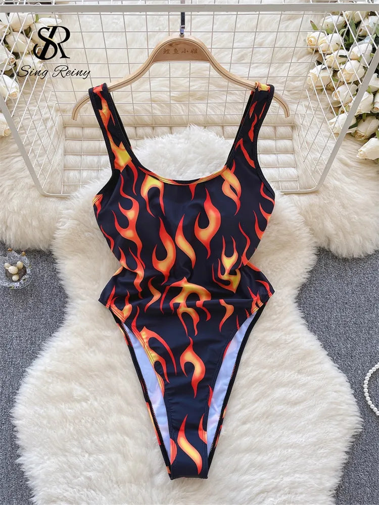 Strap Print Slim Swimsuits Ladies Backless Elastic Tank Playsuits 2023 Fashion Vintage Ins Sexy Bodysuits Wanita