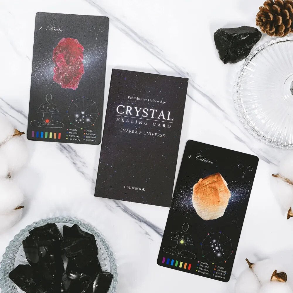 12x7cm Crystals Healing Cards, Oracle Deck Games Electronic Guidebook 60 Pcs Cards (48 Crystal Cards & 12 Zodiac Cards)