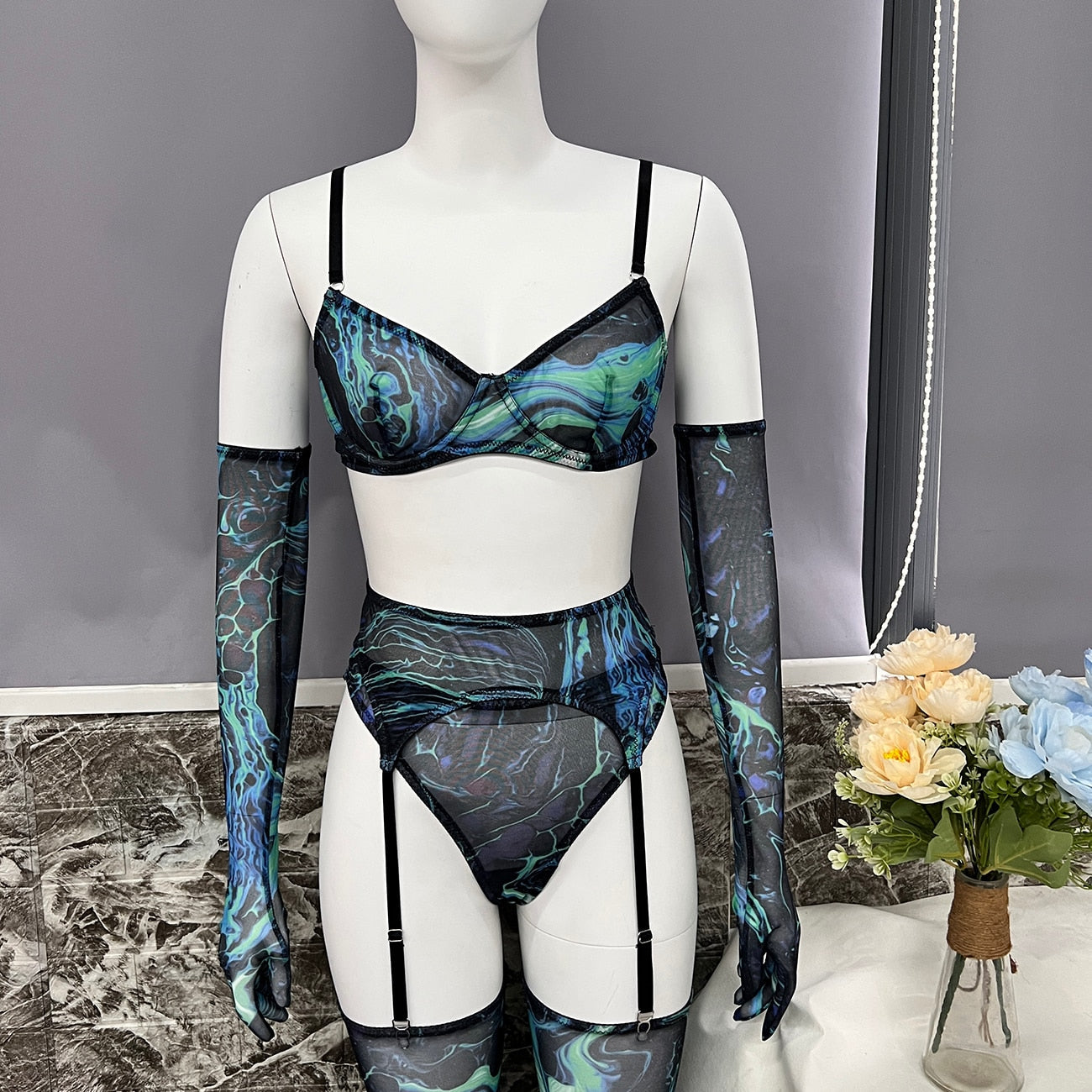 Lingerie teinture par nouage avec manches de bas, sous-vêtements fantaisie Sexy, 5 pièces, non censurée, intime, transparente, en maille, tenues sensuelles