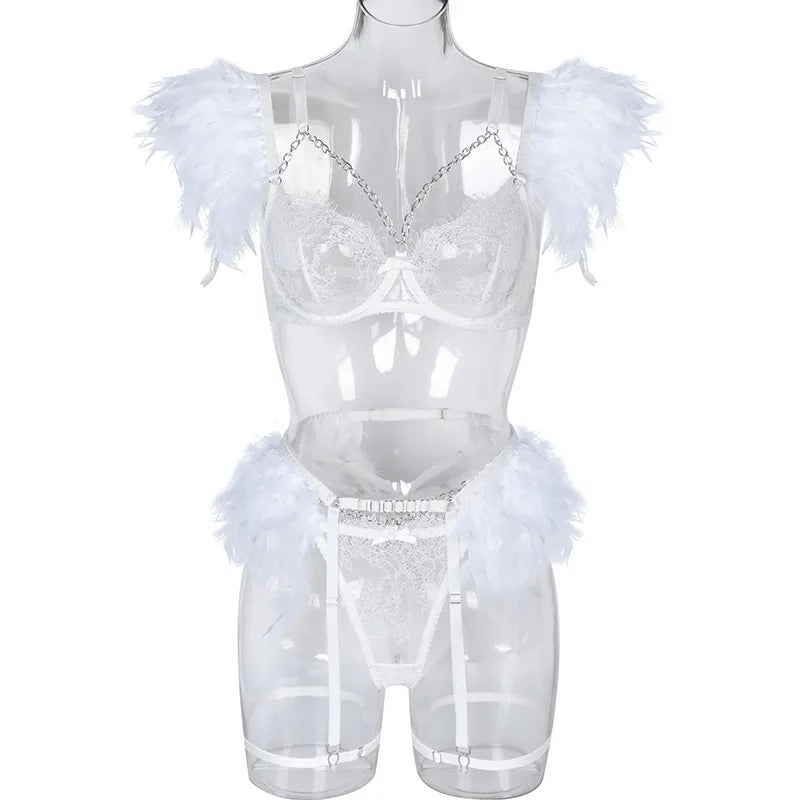 Transparent Women's Underwear Luxury Feather Decoration Metal Chain Lingerie Thong Suit Sexy Punk  Apparel