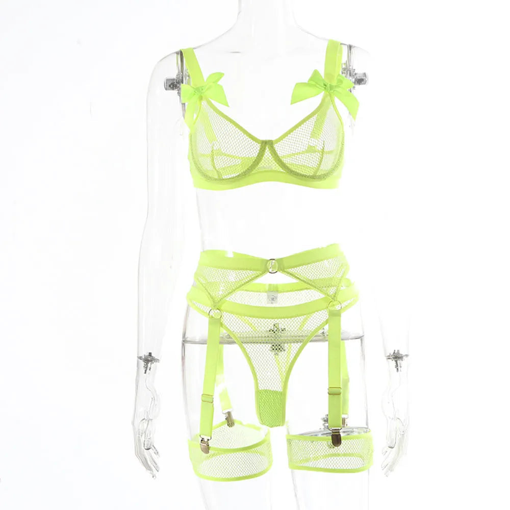 Lingerie Sexy néon avec chaussettes, sous-vêtements transparents en dentelle avec nœud papillon, maille transparente, ensembles transparents, 5 pièces