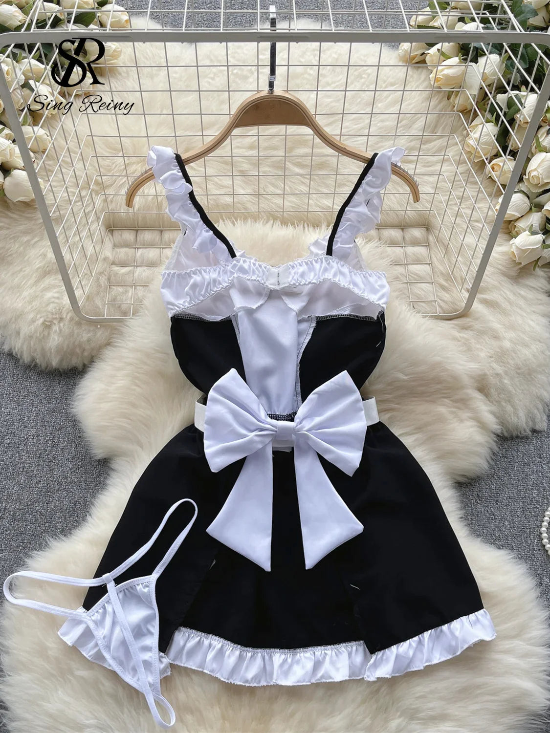 2023 Maid Uniform Sexy Nightsuits Hollow Out Backless Ruffles Lace Up Bow Mini Dress+Thongs Cosplay   Suits Wanita