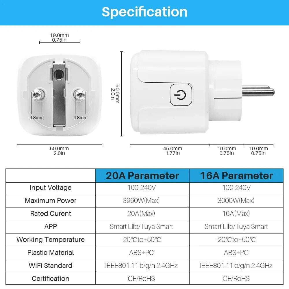 Tuya 16A 20A EU prise intelligente WiFi prise intelligente avec fonction de surveillance de l'alimentation fonction de synchronisation commande vocale Alexa Google Assitant