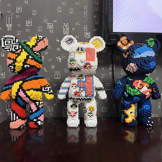 Mini ours violent de dessin animé, modèle de couleur Bearbrick avec bloc de construction léger, briques en Micro diamant, jouets pour enfants, coffret cadeau d'anniversaire