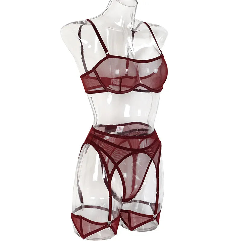 Ropa interior Sexy de 3 piezas para mujer, lencería transparente, conjunto de sujetador y bragas, ropa íntima de encaje, traje fino sin costuras