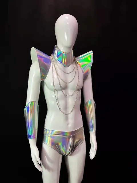 Dance Costume Men Nightclub Gogo Sexy Silver Costume Stage Wear Cuff Outfit Muscle Men's Space Mirror Armor