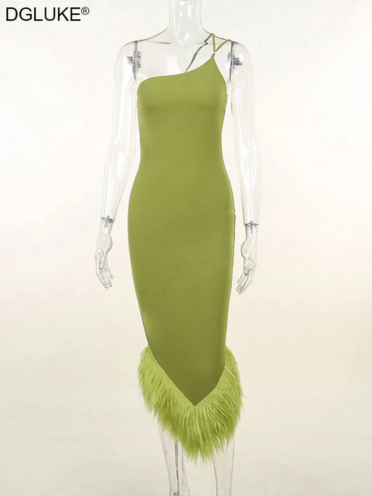 Robe de soirée asymétrique épaule dénudée pour femmes, tenue de fête d'anniversaire élégante, avec plumes, dos nu, moulante, mi-longue, noire, 2023