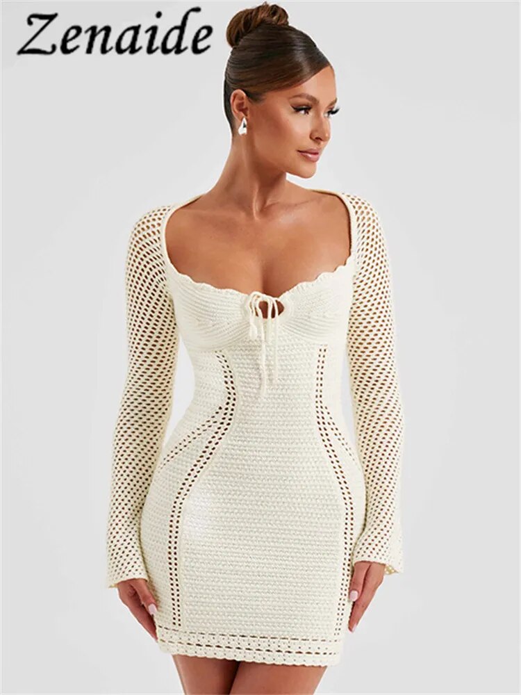 Zenaide – robe Mini à manches longues, ajourée, Sexy, transparente, tricotée, Crochet, dos nu, tenue de soirée, automne 2023