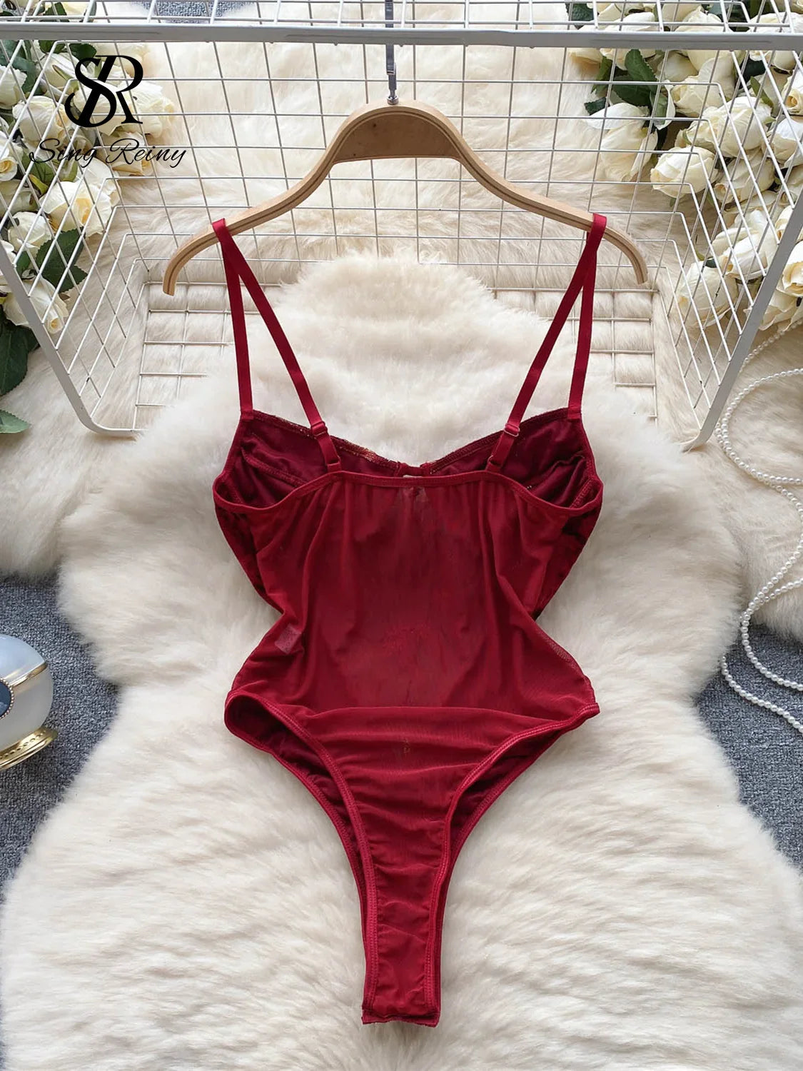 2023 Sheer  Sexy Bodysuit Splice Velvet Transparent Design Romper Fashion Embroidery Hollow Out Sensual Jumpsuit Wanita