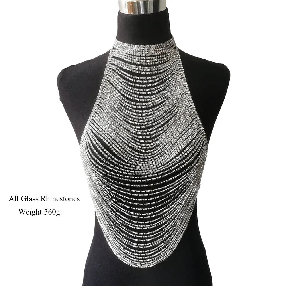 CuiEr Full Rhinestones Multilayer Stack  Sexy Women's Body Chain Bra Fashion Adjustable Size Necklaces Tops Chain Wedding