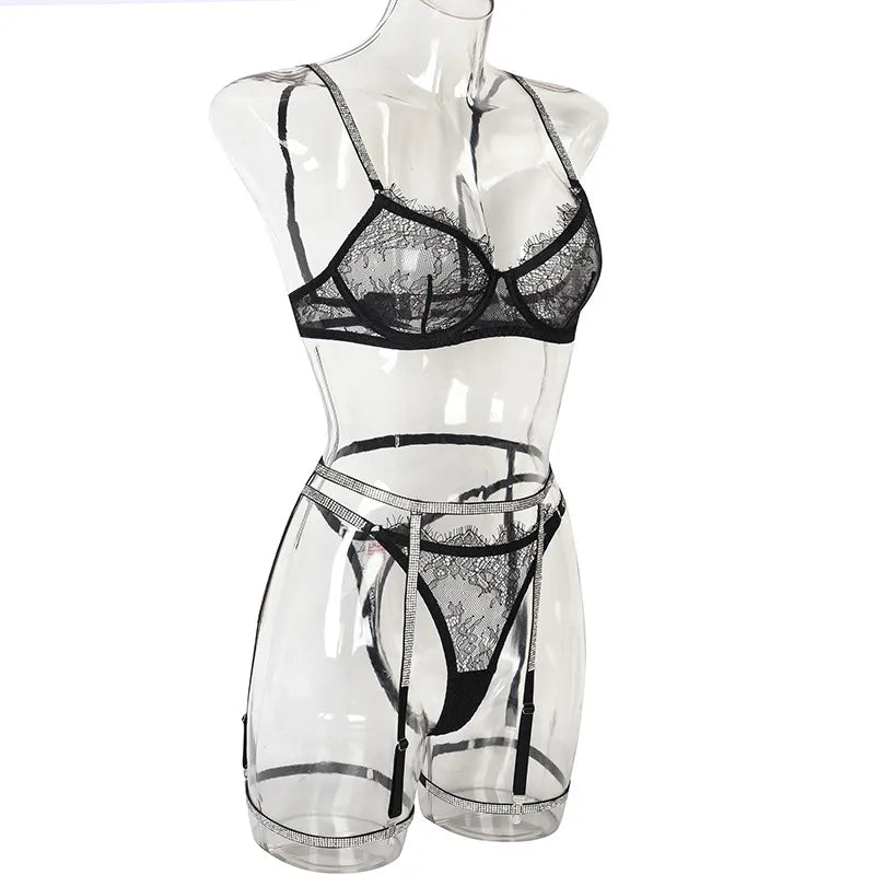 Lencería con diamantes de imitación para mujer, traje transparente Sexy, ropa interior de encaje, conjunto de sujetador y bragas, ropa íntima de lujo sin censura