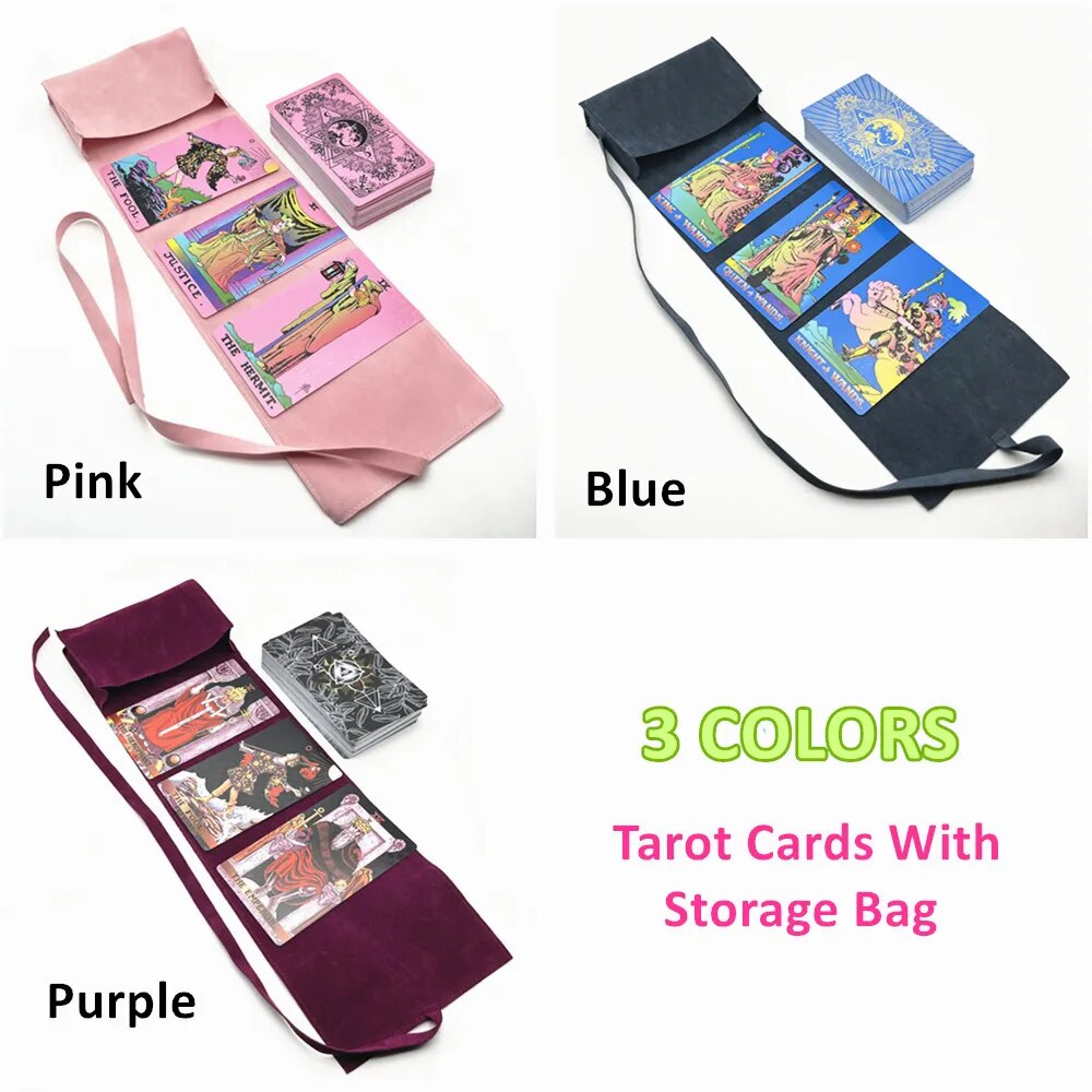 Juego de cartas de Tarot de plástico, libro de guía en inglés de adivinación, resistente al agua, resistente al agua, con bolsa de almacenamiento de tela, color rosa, azul y negro, oráculo L743, 1 Juego