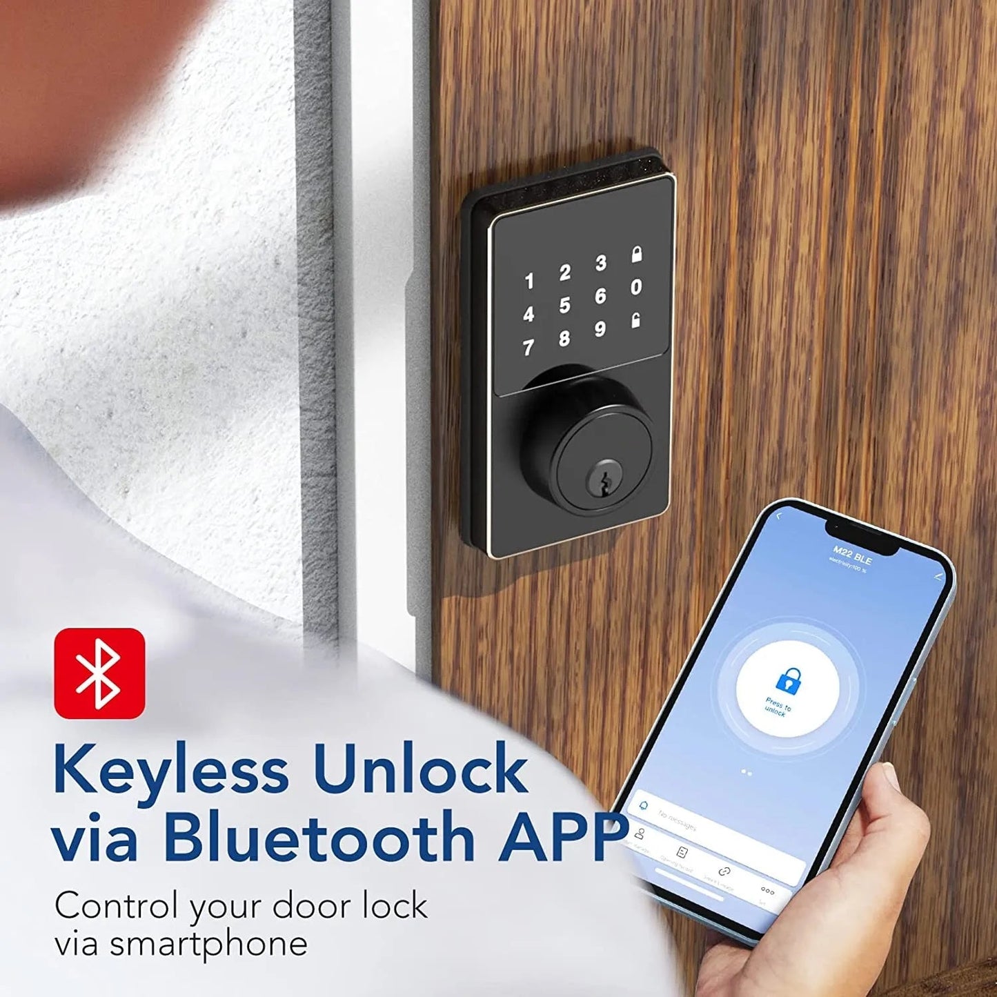 Smart Lock with Bluetooth, Keyless Entry Door Lock with Touchscreen Keypads, Easy to Install, App Unlock, Security Waterproof El