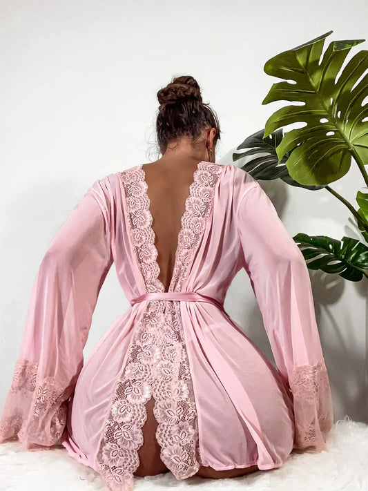 Wanita Sexy Robe en dentelle à manches longues vêtements de nuit rose clair vêtements de nuit demoiselles d'honneur cadeaux à lacets pyjama de nuit