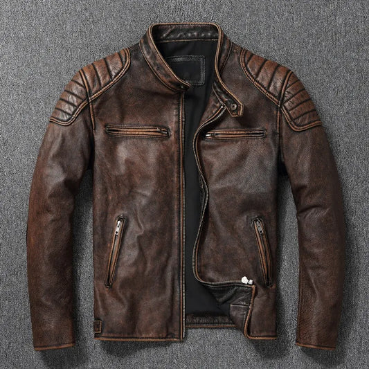 Veste Vintage en cuir de vache véritable pour homme, manteau de moto, jaune, marron, vêtements de motard, printemps-automne, taille asiatique 6XL