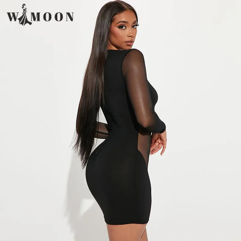 Long Sleeve Mesh Patchwork Bodycon Mini Dress Women Party Club Tight Short Dresses 2023 Autumn Female Clothing Streetwear Black