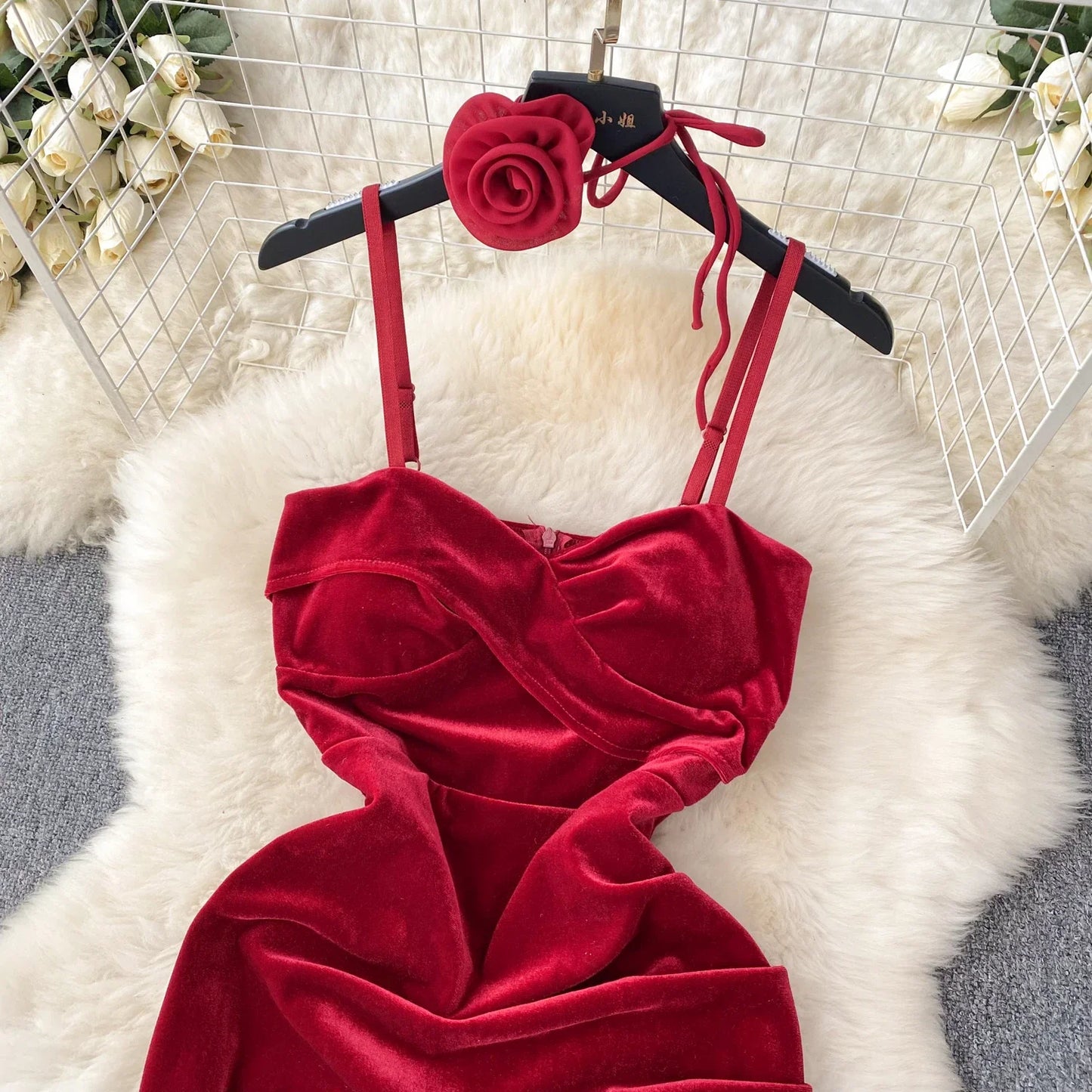 Christmas Velvet Sexy Evening Dress Rose Halter Strap Zipper Sheath 2023 Fashion Senior Sensual Night Club Outfit Wanita