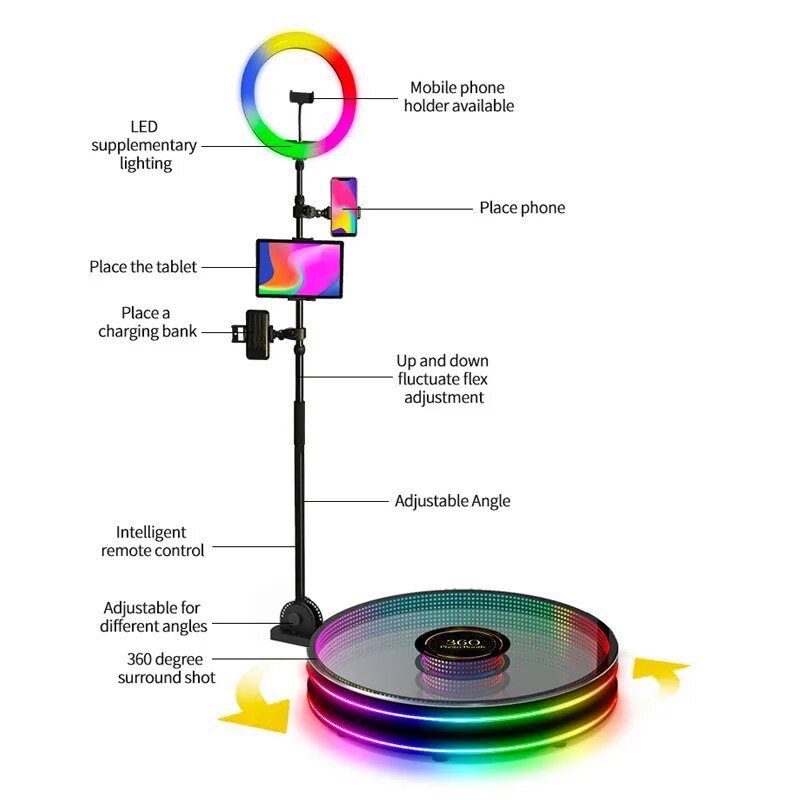 DHL Free Drop Shipping 60cm 80cm 100cm 115cm Big Full Body Led Spin Slow Motion Automatic 360 Degree Photo Booth With Ring Light