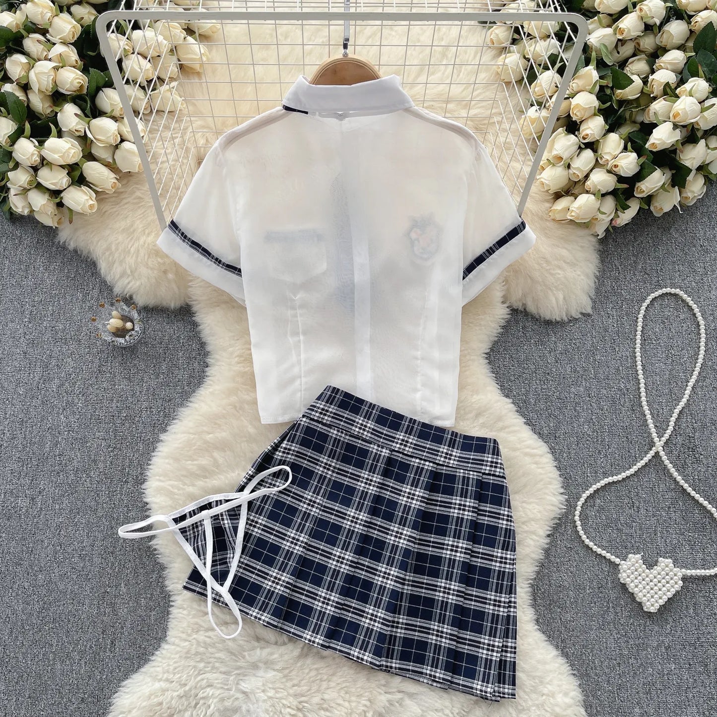 Trajes sexis transparentes de estilo pijo para mujer, Top + minifalda a cuadros + tangas, Cosplay coreano de moda, conjuntos de tres piezas Wanita