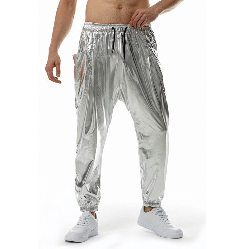 Pantalones de chándal para correr metálicos dorados brillantes para hombre, pantalones Cargo informales de Hip Hop con bolsillo, ropa de calle para fiesta de baile disco, fiesta de graduación