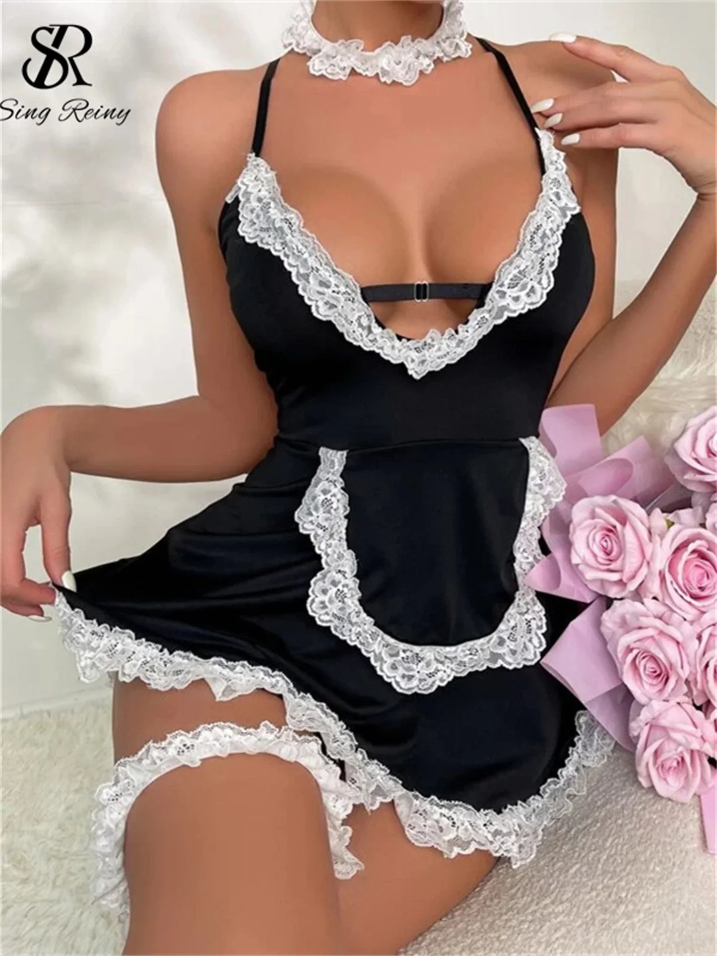 Wanita – vêtements de nuit pour femmes, Mini robe à volants doux + tongs, servante Cosplay, dentelle, Sexy, 2023