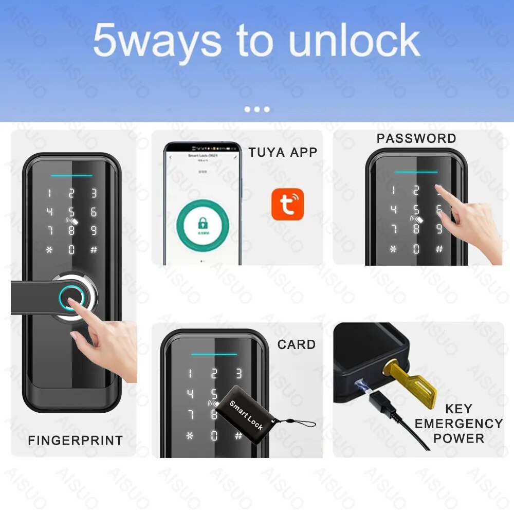 TUYA WIFI Fingerprint Card Password Key Smart Lock Keyless Entry Home Smart Door Lock