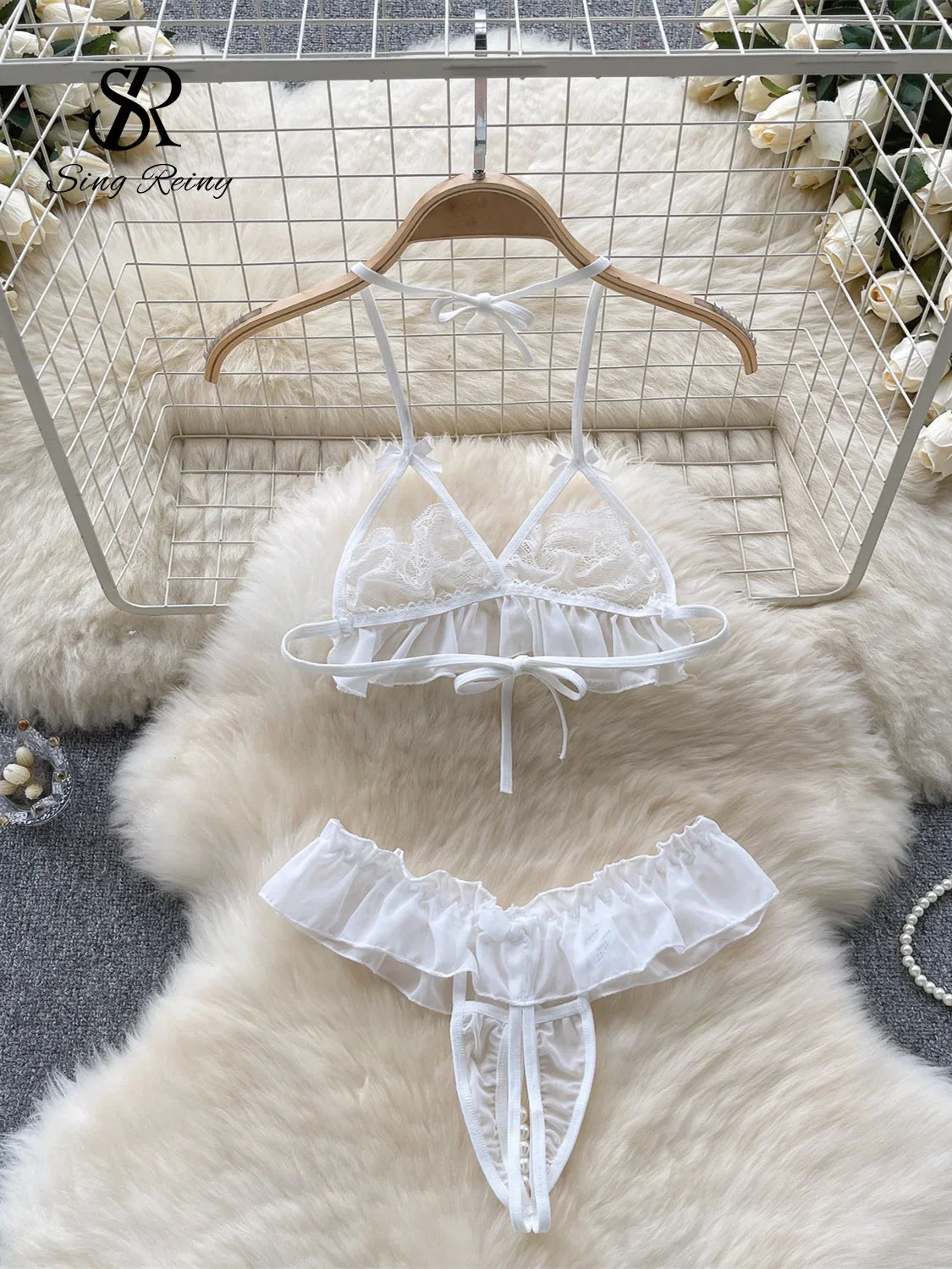 Sheer  Lace Sexy Underwear Suits New Women Mesh Ruffles Halter Mini Bra+Pearl Thongs Hollow Out  Nightsuits Wanita