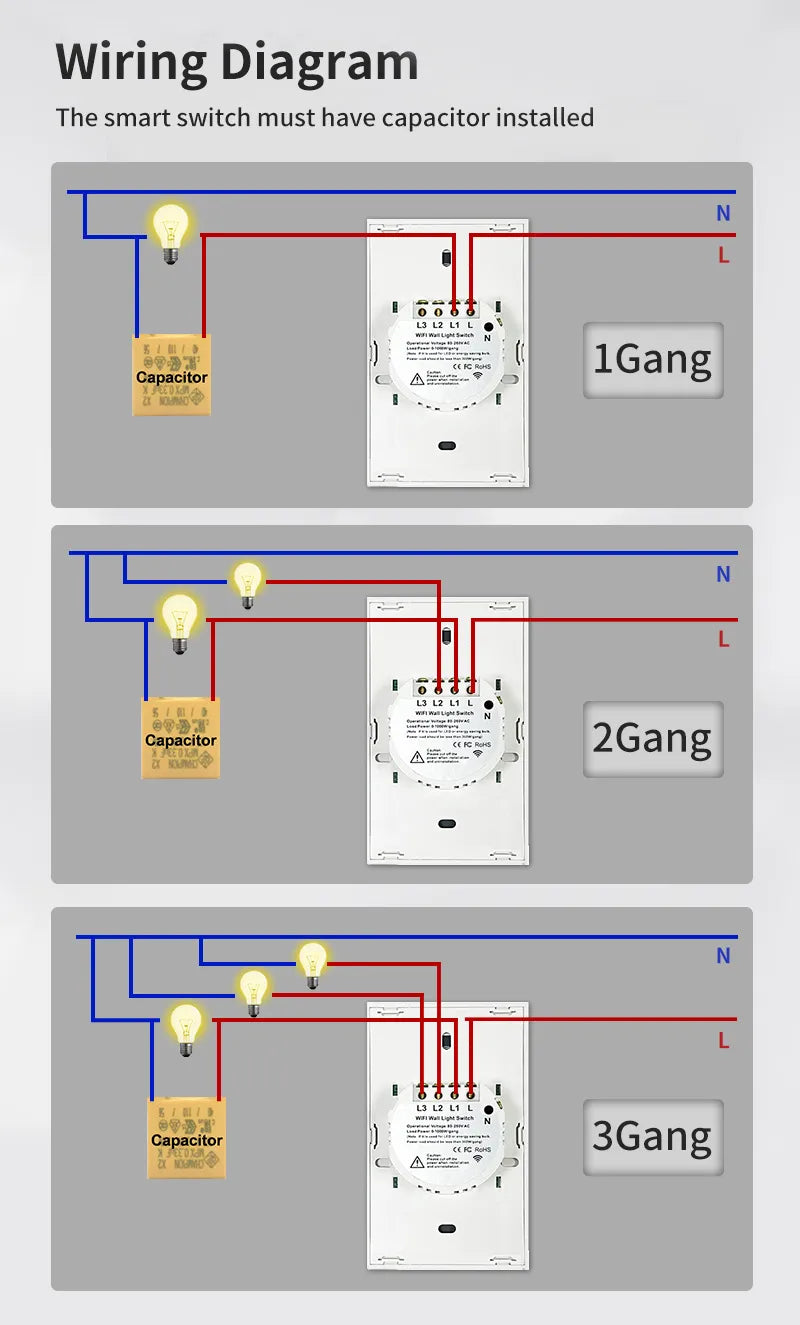 TNCE Tuya US WiFi interrupteur mural intelligent 1/2/3/4 Gang pas de fil neutre capteur tactile commutateurs de lumière LED maison intelligente Alexa Google Home