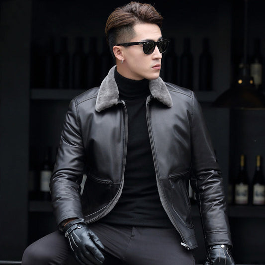 Veste de moto courte et chic en cuir pour homme, manteau épais