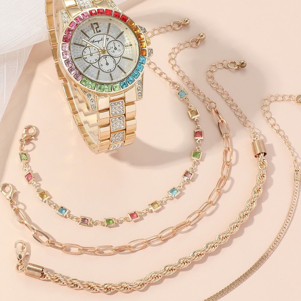 Reloj con correa de acero para mujer, con incrustaciones de diamantes de color, esfera especial, reloj de cuarzo para traje que combina con todo